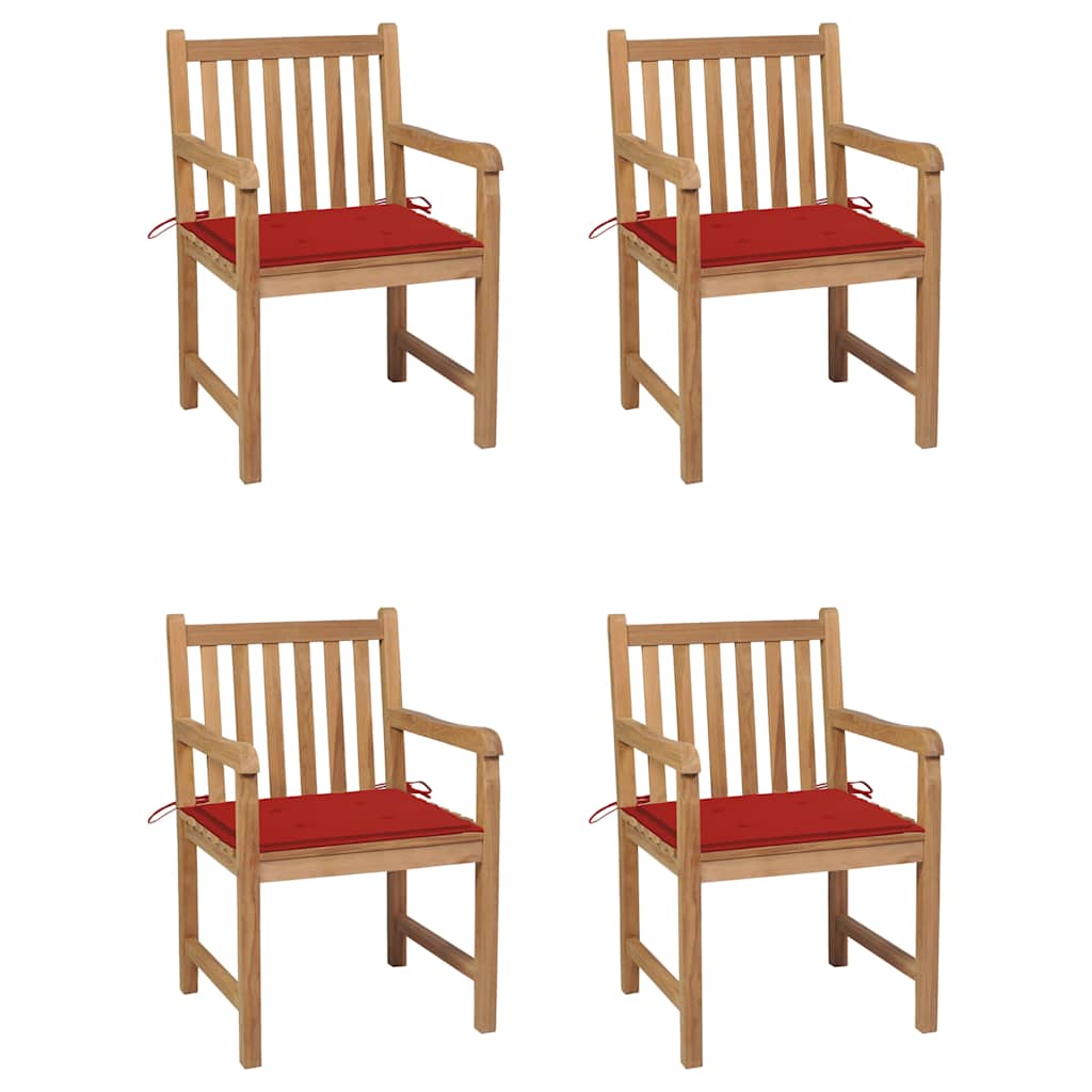 Zahradní Židle 4 Ks Červené Podušky Masivní Teak