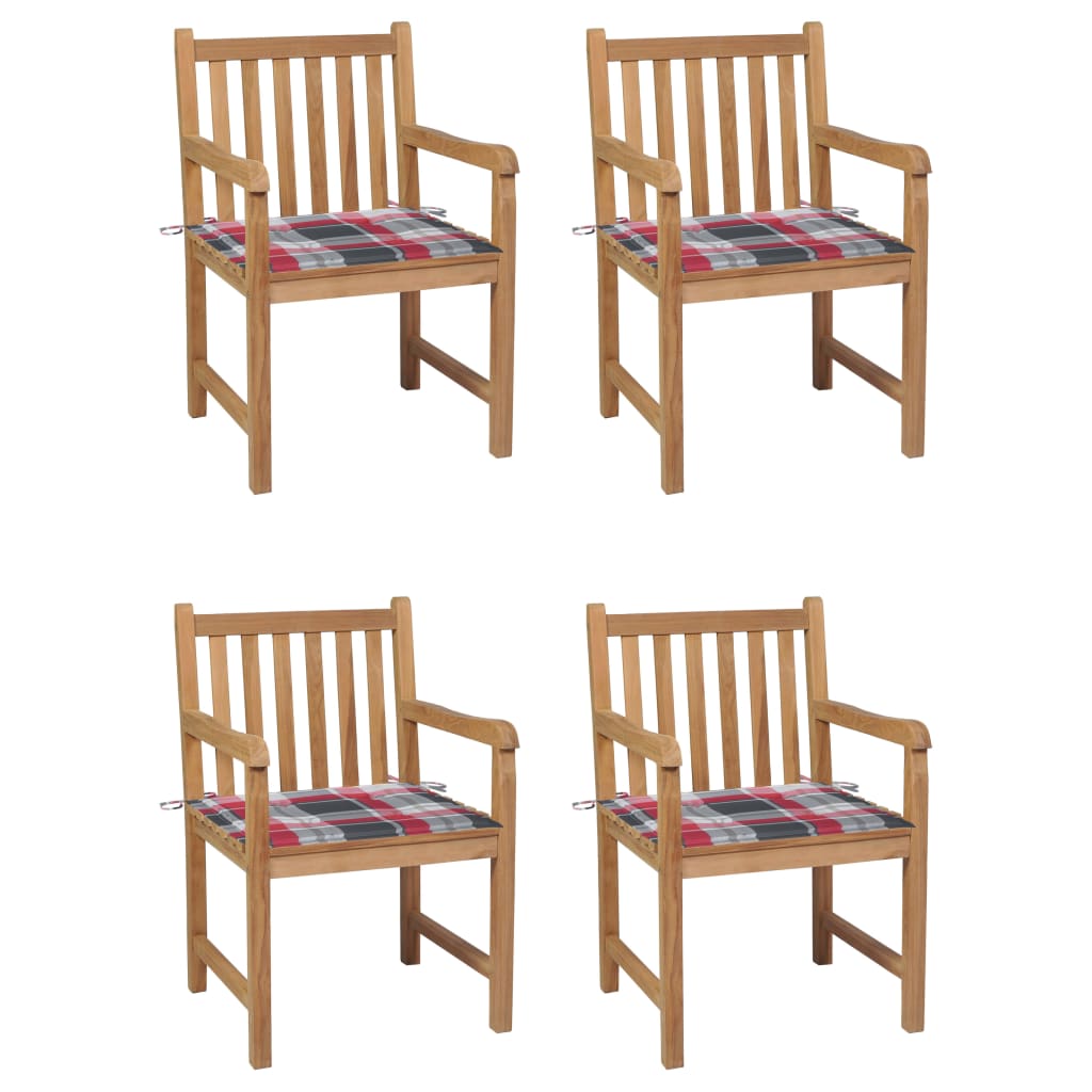 Zahradní Židle 4 Ks Červené Kárované Podušky Masivní Teak
