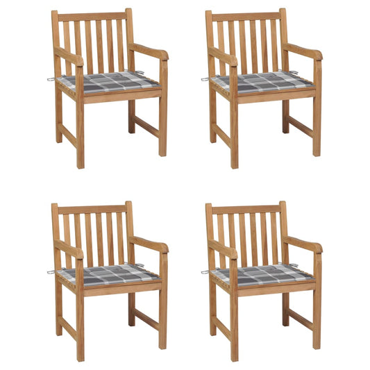 Zahradní Židle 4 Ks Šedé Kárované Podušky Masivní Teak