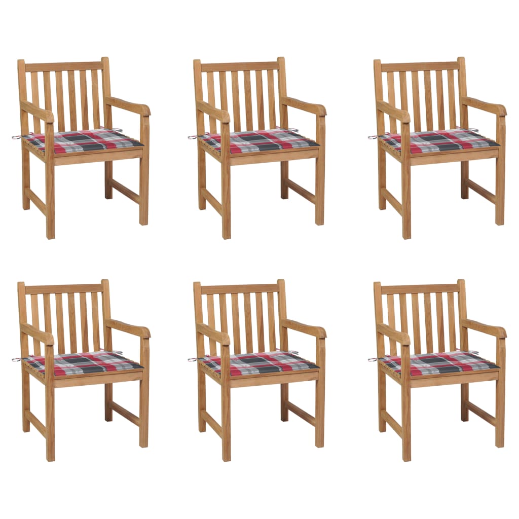 Zahradní Židle 6 Ks Červené Kárované Podušky Masivní Teak