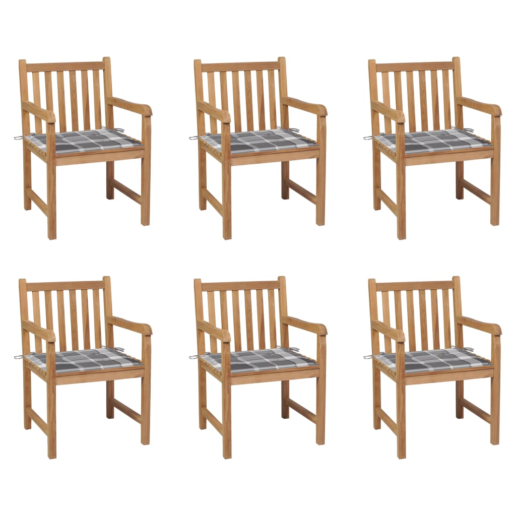 Zahradní Židle 6 Ks Šedé Kárované Podušky Masivní Teak