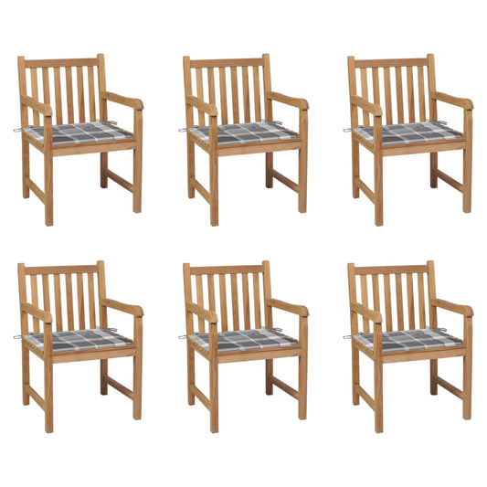 Zahradní Židle 6 Ks Šedé Kárované Podušky Masivní Teak