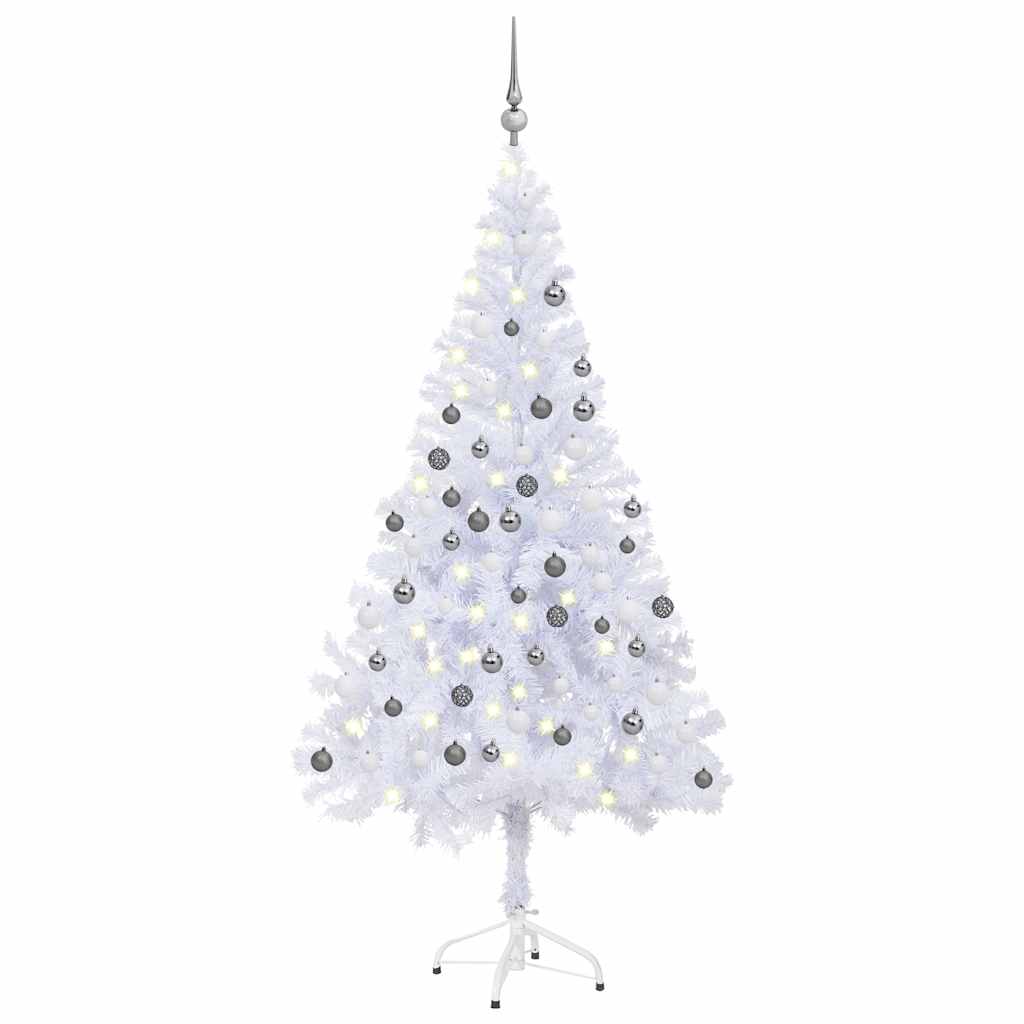 Umělý Vánoční Stromek S Led A Sadou Koulí 120 Cm 230 Větviček Bílo-Šedá