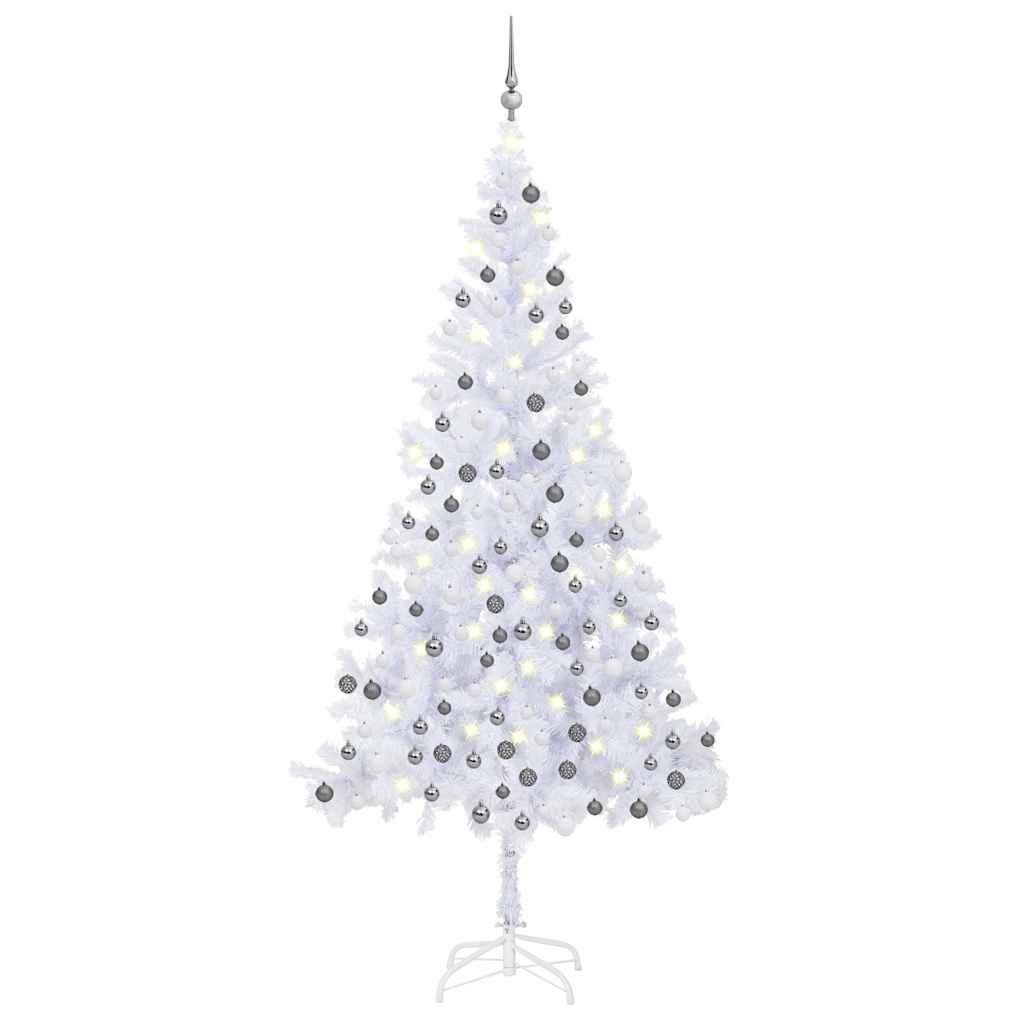 Umělý Vánoční Stromek S Led A Sadou Koulí 120 Cm 230 Větviček Bílo-Šedá