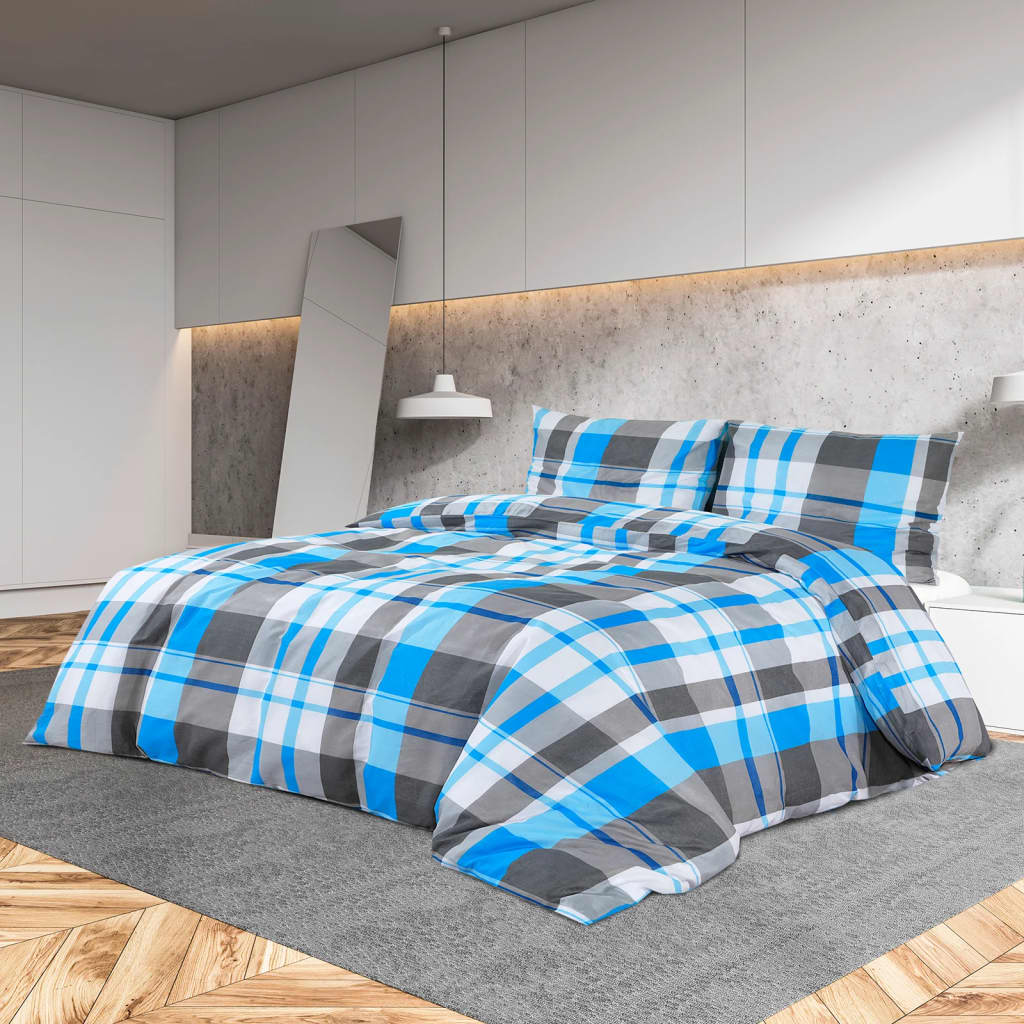 Sada Ložního Prádla 200 X 200 Cm Bavlna Modrá A Šedá