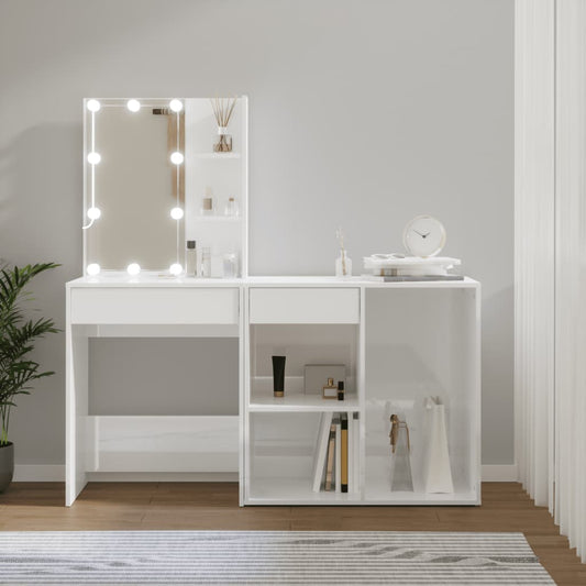 LED toaletní stolek se skříňkou lesklý bílý kompozitní dřevo