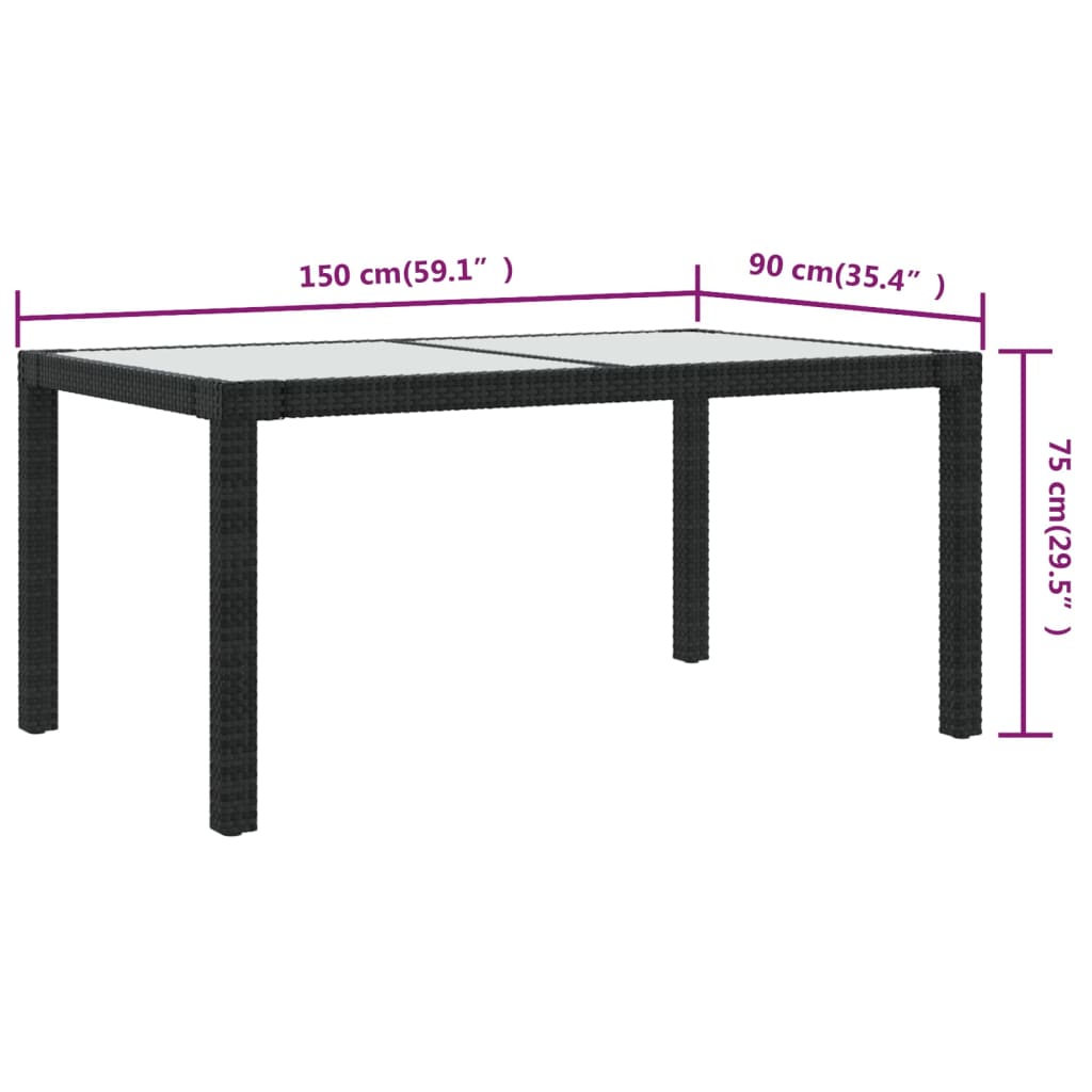 Zahradní Stůl 150 X 90 X 75 Cm Tvrzené Sklo A Polyratan Černý