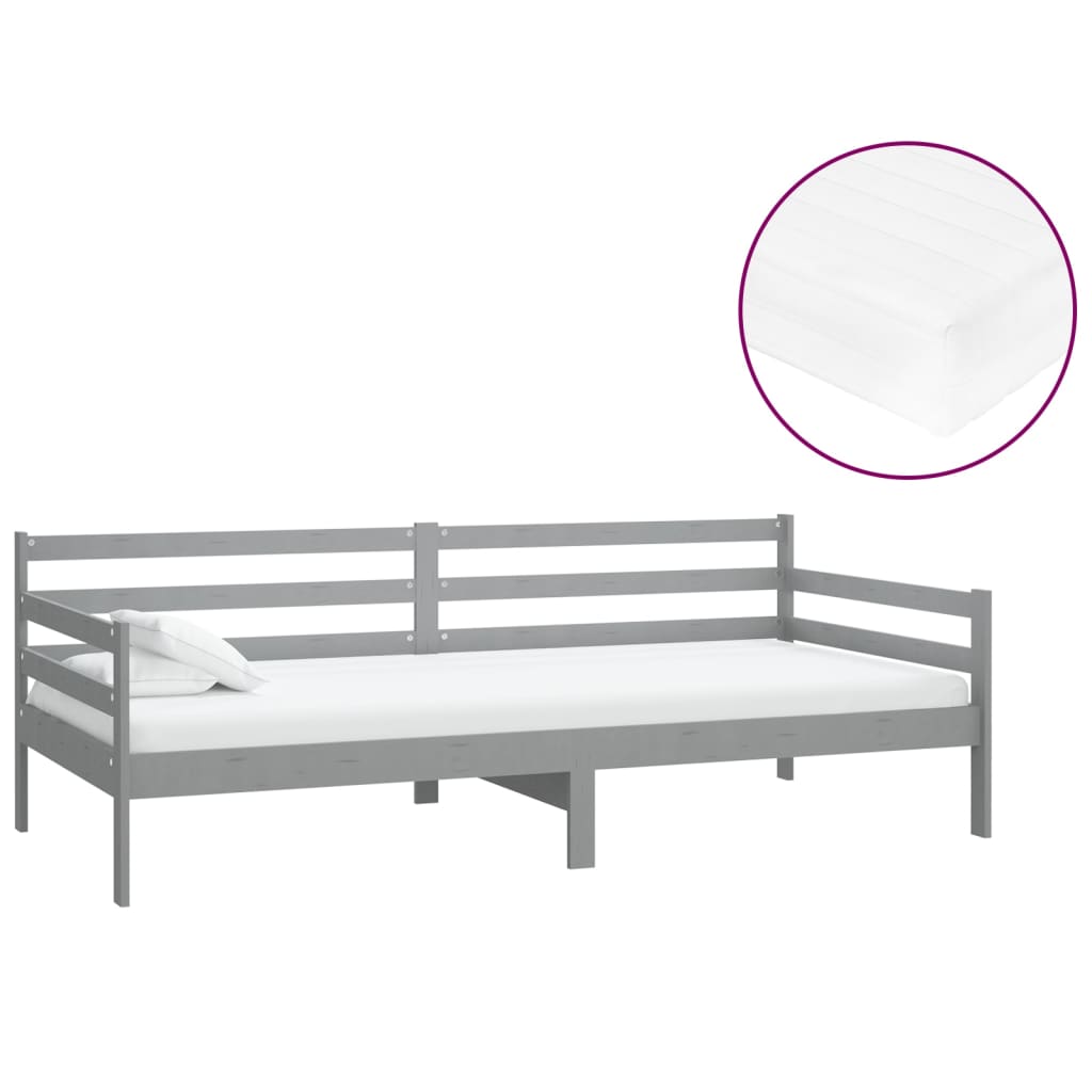 Denní Postel S Matrací 90 X 200 Cm Šedá Masivní Borové Dřevo