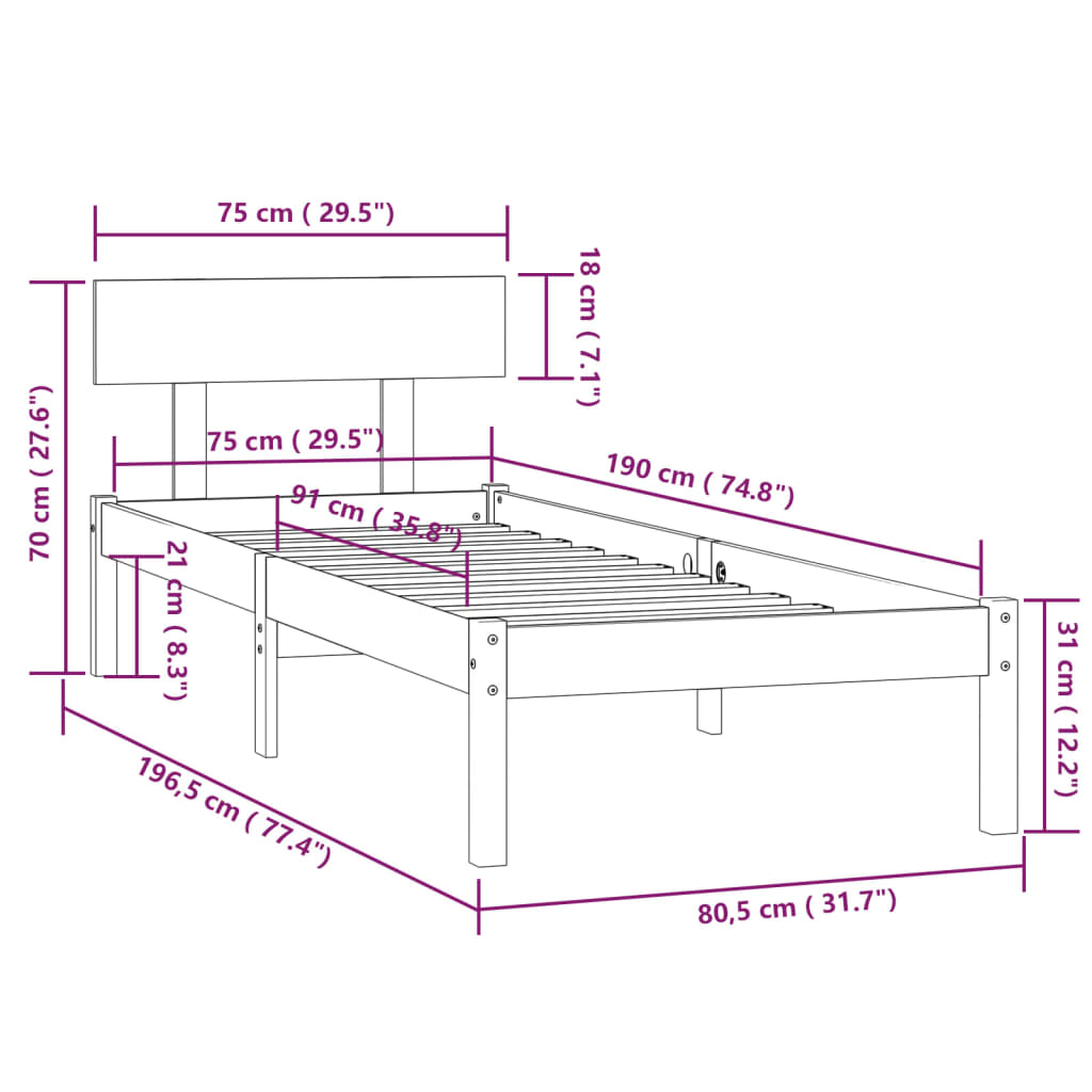 Rám Postele Černý Masivní Dřevo 75 X 190 Cm Malé Jednolůžko