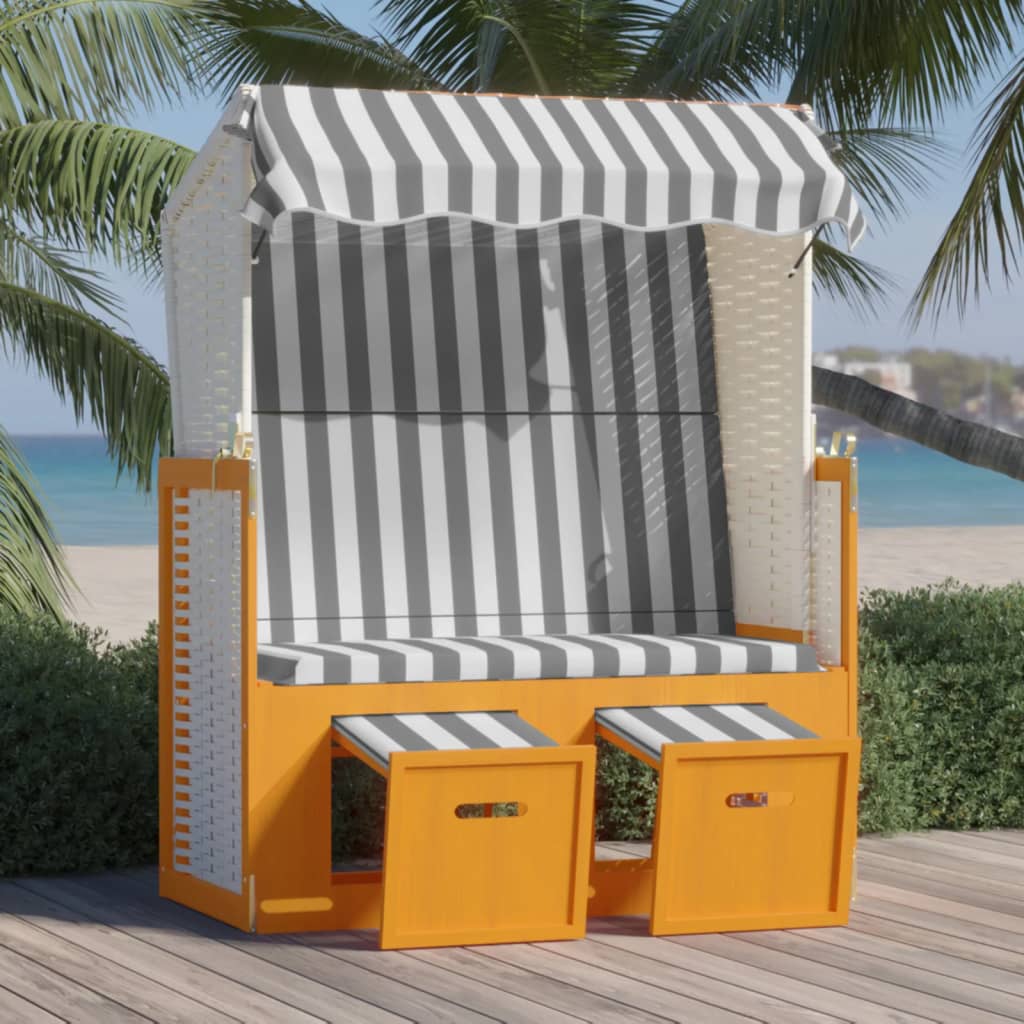 Strandkorb Se Stříškou Polyratan A Masivní Dřevo Bílý A Šedý
