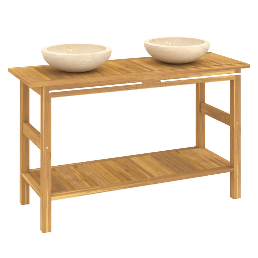 Koupelnová Skříňka S Umyvadly Z Krémového Mramoru Masivní Teak