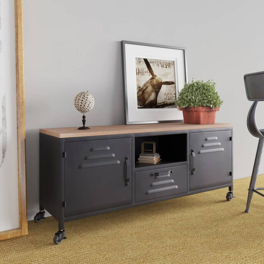 Tv Skříňka Černá 110X30X43 Cm Železo A Masivní Jedlové Dřevo