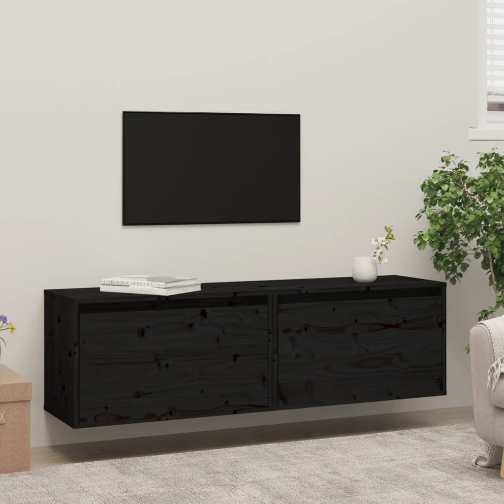 Nástěnné Skříňky 2 Ks Černé 60X30X35 Cm Masivní Borové Dřevo
