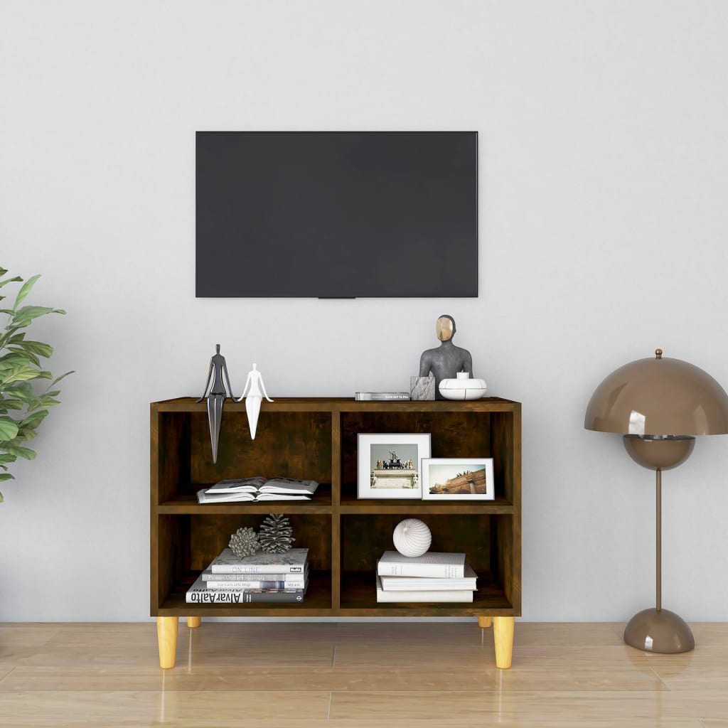 Tv Stolek Nohy Z Masivního Dřeva Šedý Vysoký Lesk 69,5X30X50 Cm