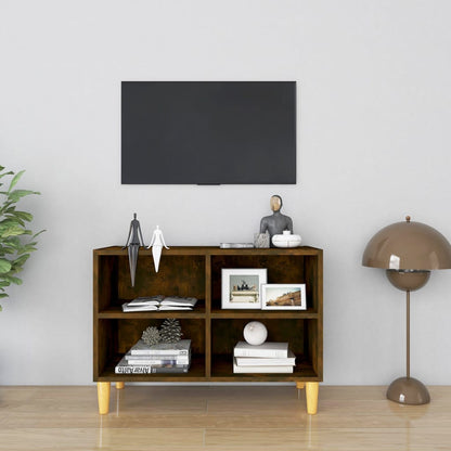 Tv Stolek Nohy Z Masivního Dřeva Šedý Vysoký Lesk 69,5X30X50 Cm