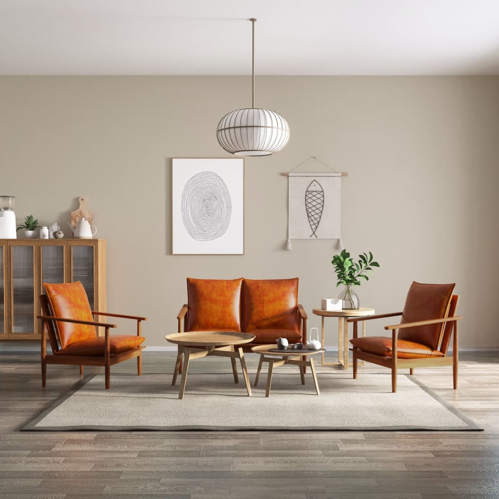 3Dílná Sedací Souprava Pravá Kůže A Masivní Akácie Hnědá