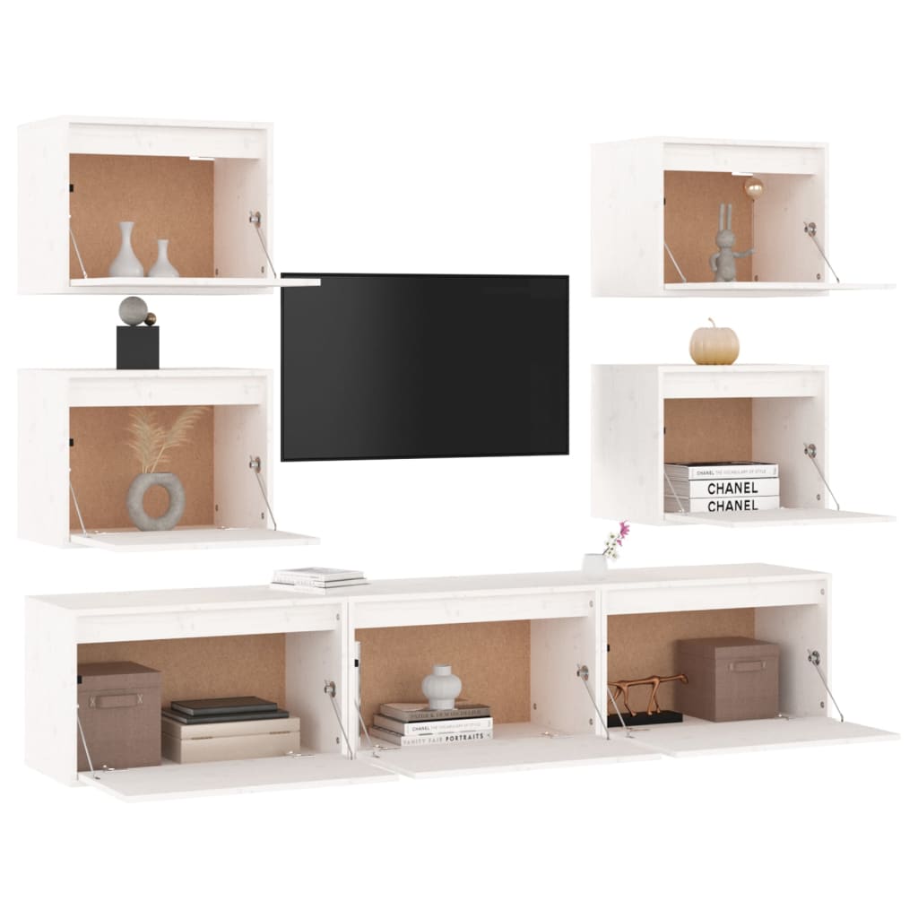 Tv Skříňky 7 Ks Bílé Masivní Borové Dřevo