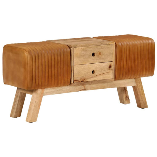 Lavice Hnědá 107 Cm Pravá Kozí Kůže Masivní Mangovníkové Dřevo