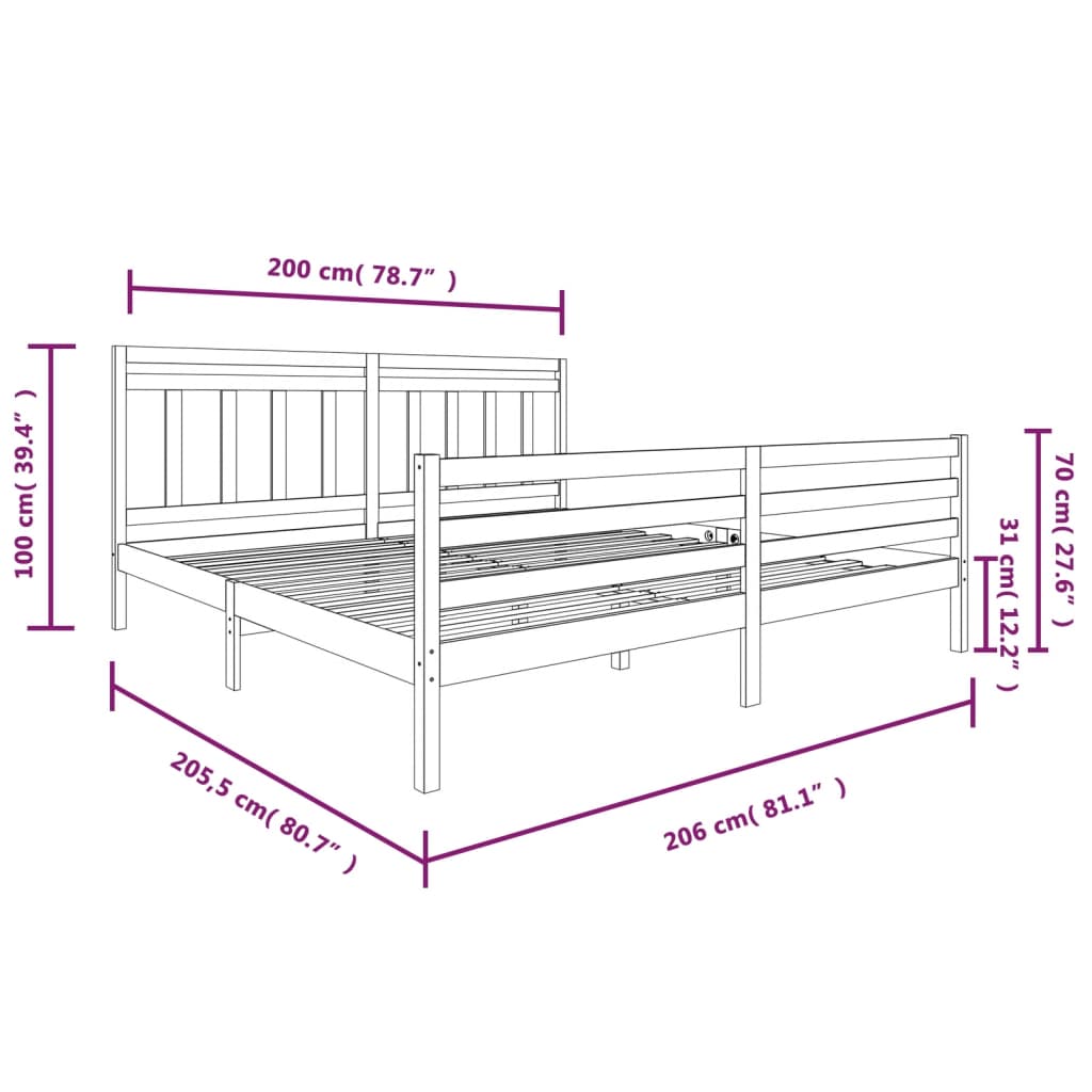 Rám Postele Šedý Masivní Dřevo 200 X 200 Cm
