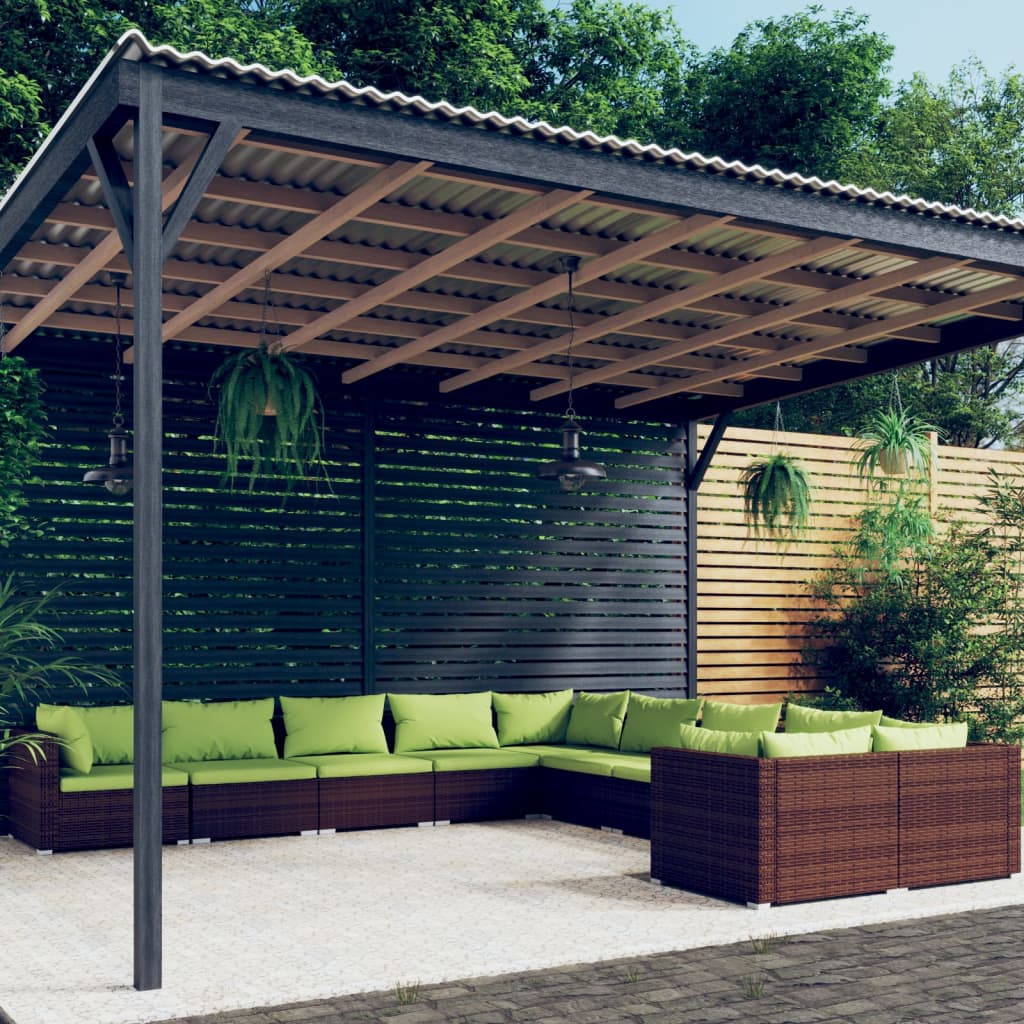 10Dílná Zahradní Sedací Souprava S Poduškami Polyratan Hnědá Hnědá A Zelená