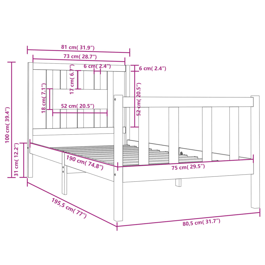 Rám Postele Černý Masivní Dřevo 75 X 190 Cm Malé Jednolůžko