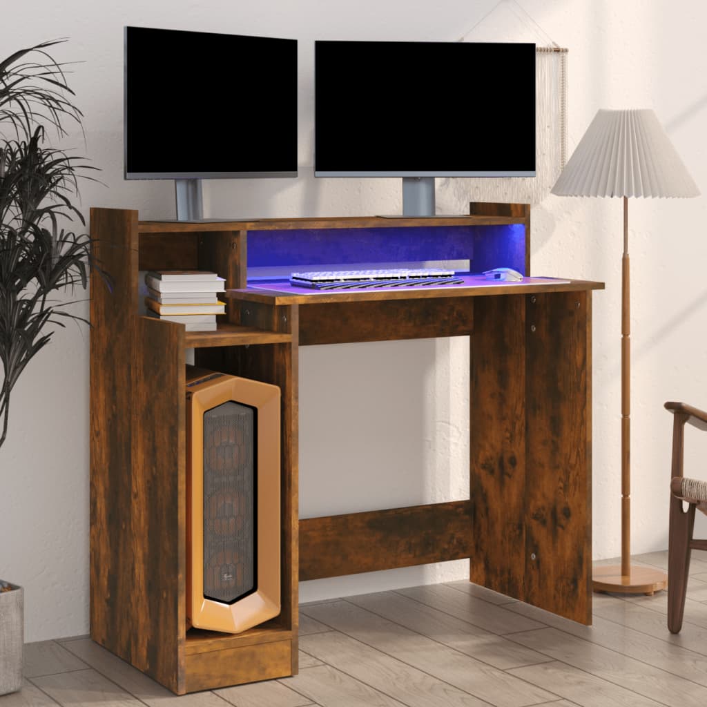 Psací Stůl S Led Lesklý Bílý 97 X 45 X 90 Cm Kompozitní Dřevo