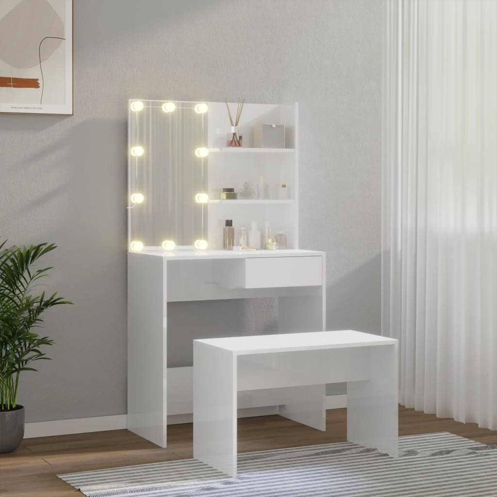 Toaletní Stolek Sada S Led Bílý Vysoký Lesk Kompozitní Dřevo
