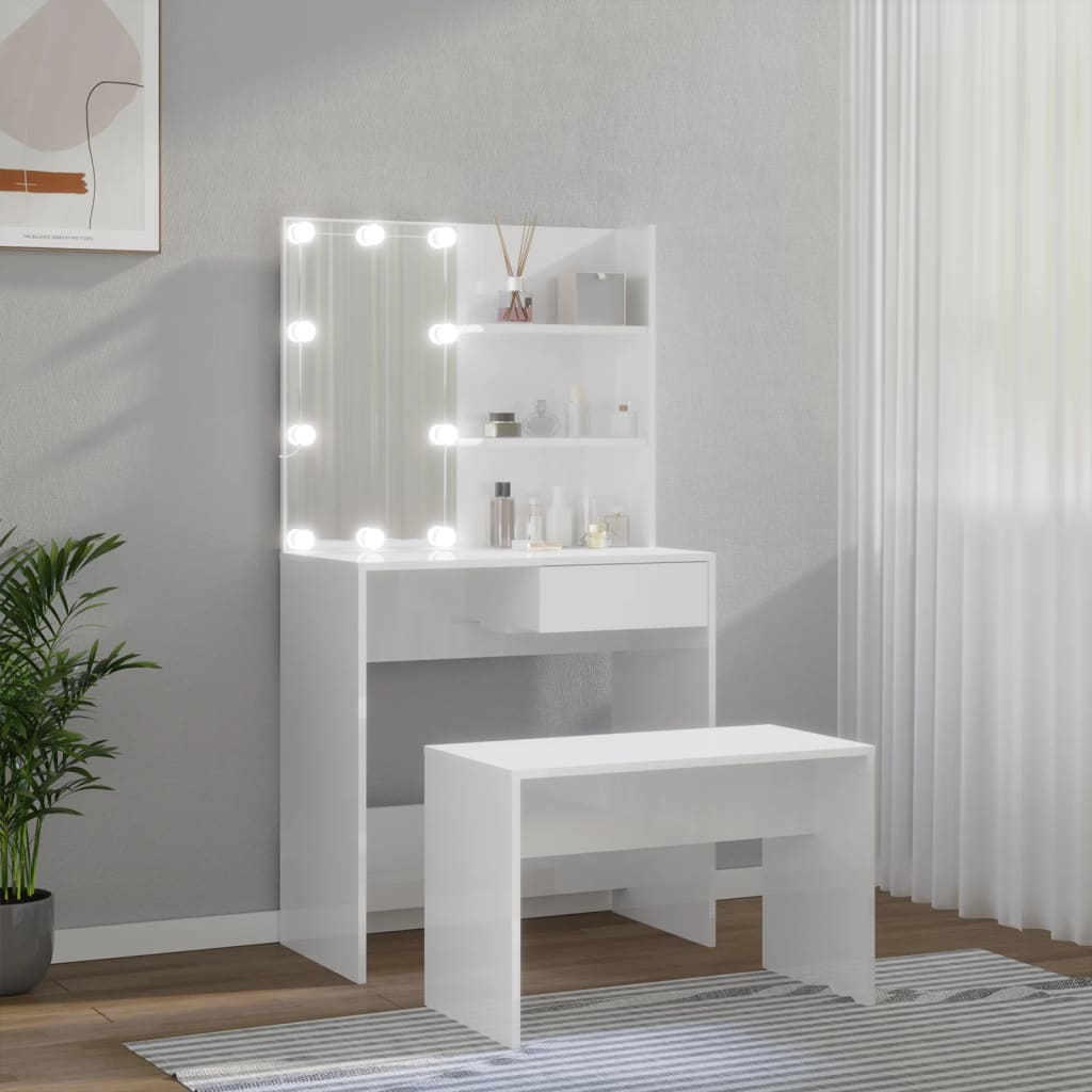 Toaletní Stolek Sada S Led Bílý Vysoký Lesk Kompozitní Dřevo