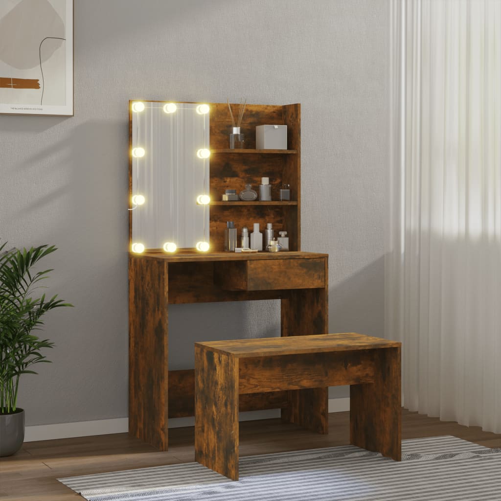 Toaletní Stolek Sada S Led Kouřový Dub Kompozitní Dřevo