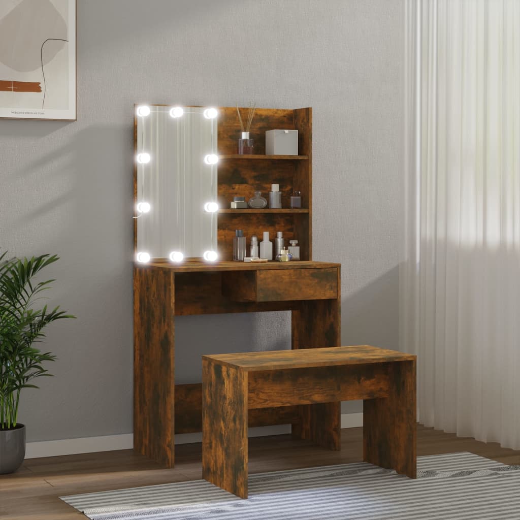 Toaletní Stolek Sada S Led Kouřový Dub Kompozitní Dřevo