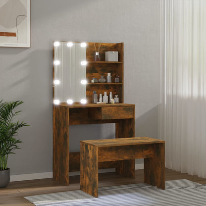 Toaletní Stolek Sada S Led Kouřový Dub Kompozitní Dřevo