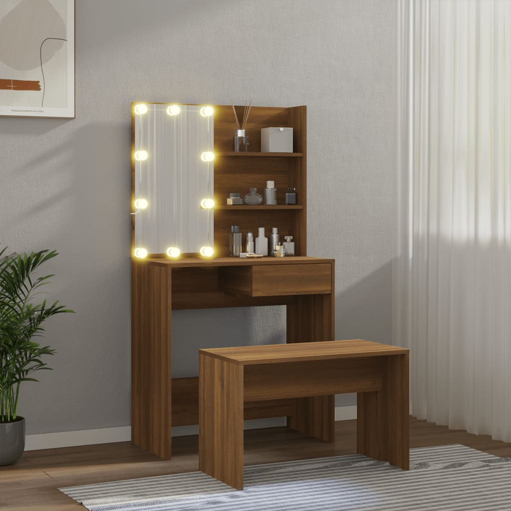 Toaletní Stolek Sada S Led Hnědý Dub Kompozitní Dřevo