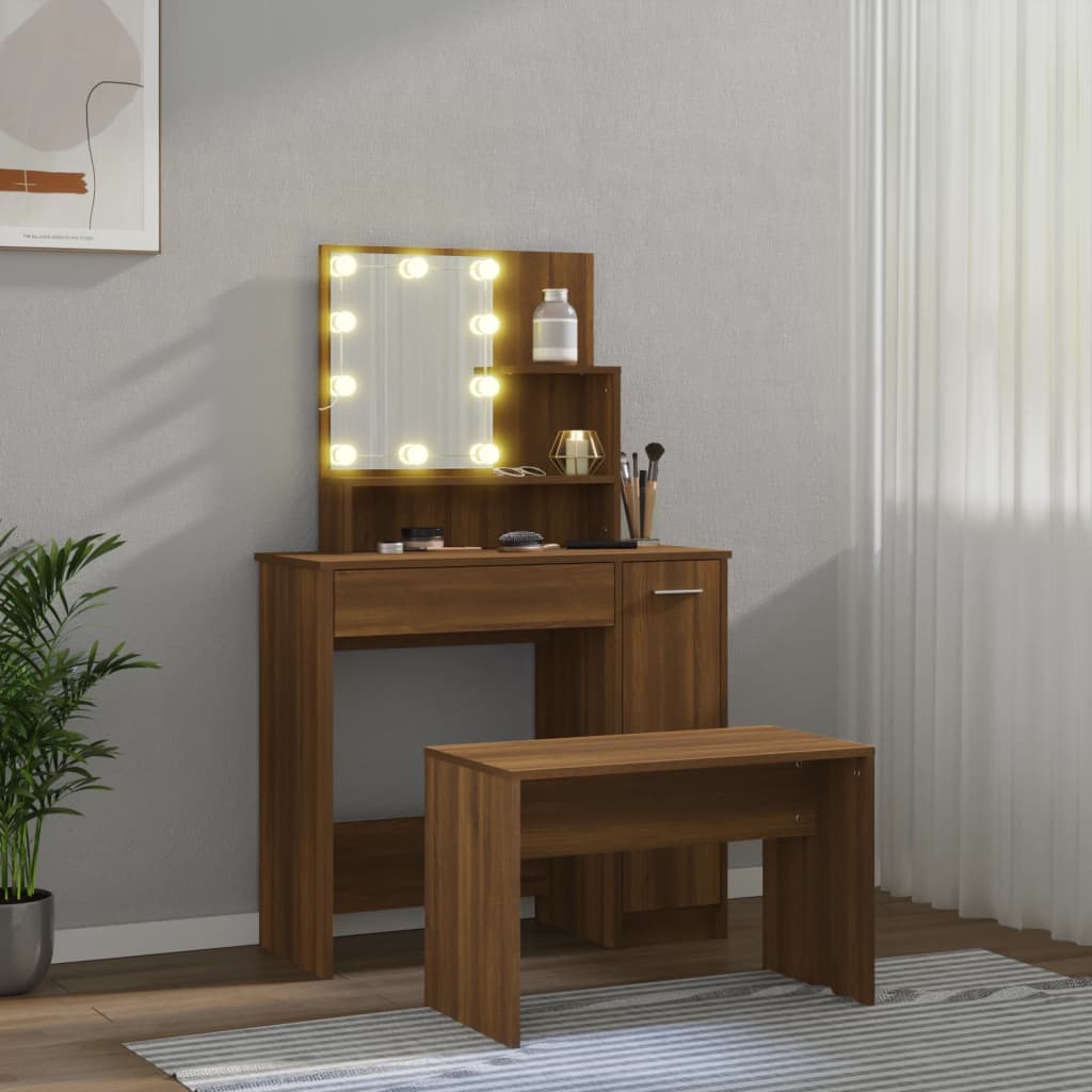 Toaletní Stolek Sada S Led Hnědý Dub Kompozitní Dřevo
