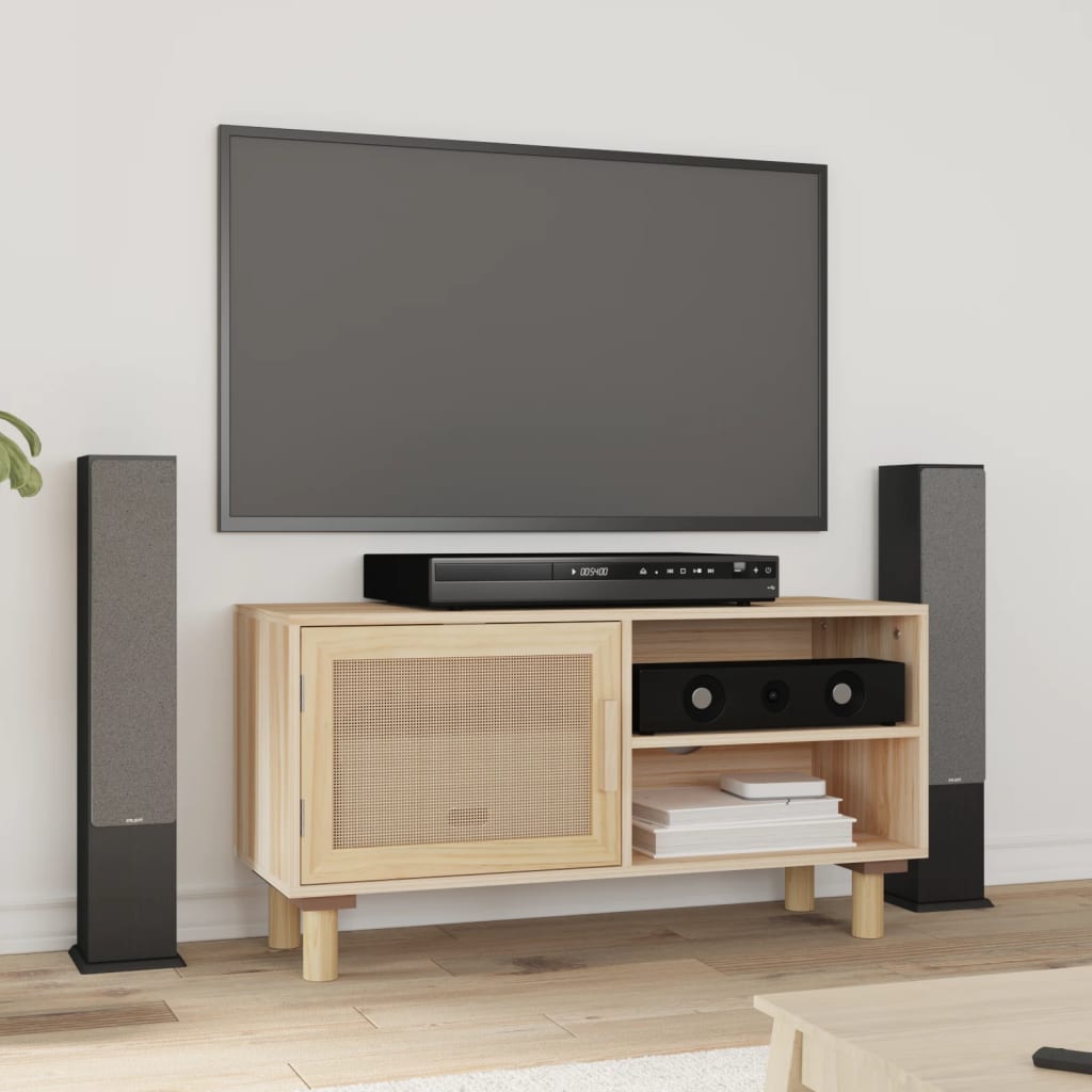 Tv Stolek 80X30X40 Cm Masivní Borovice A Přírodní Ratan