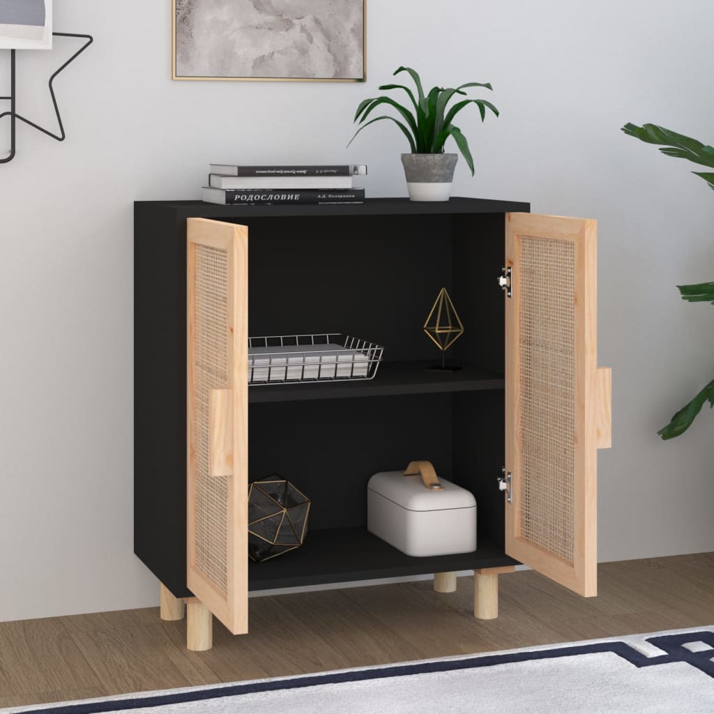 Příborník Černý 60X30X70 Cm Masivní Borovice A Přírodní Ratan