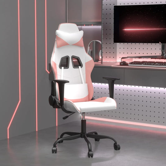 Masážní herní židle bílá a růžová umělá kůže