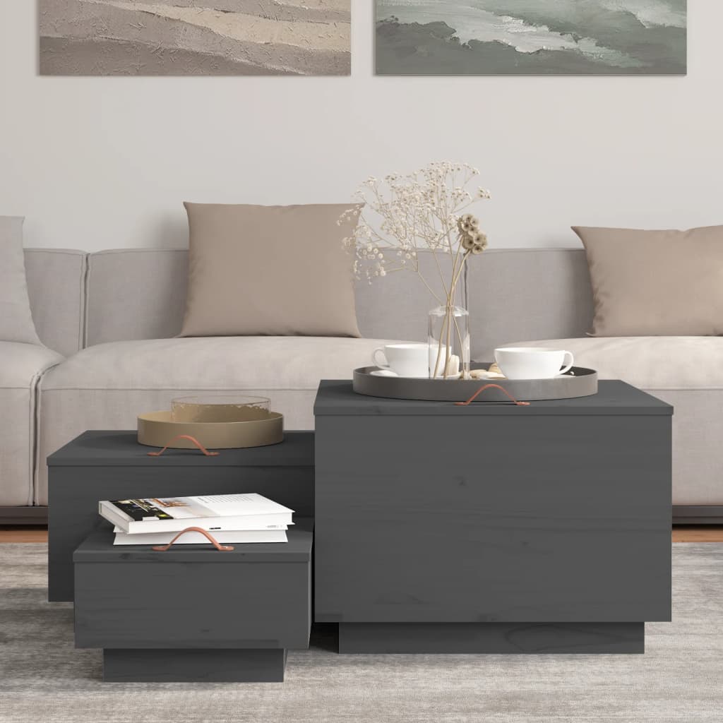 Úložné Boxy S Víkem 3 Ks Šedé Masivní Borové Dřevo