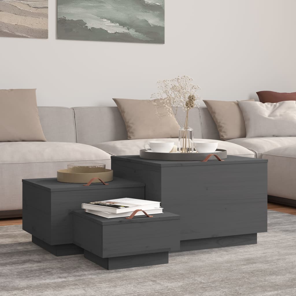 Úložné Boxy S Víkem 3 Ks Šedé Masivní Borové Dřevo
