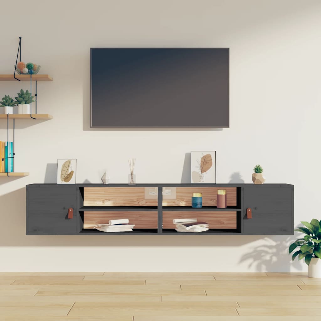 Nástěnné Skříňky 2 Ks Šedé 80 X 30 X 30 Cm Masivní Borové Dřevo