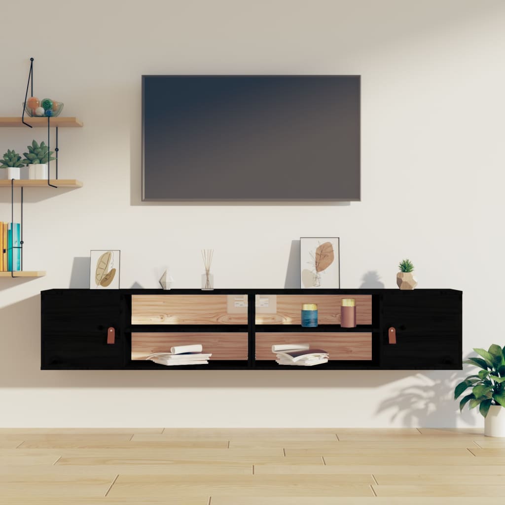 Nástěnné Skříňky 2 Ks Černé 80X30X30 Cm Masivní Borové Dřevo