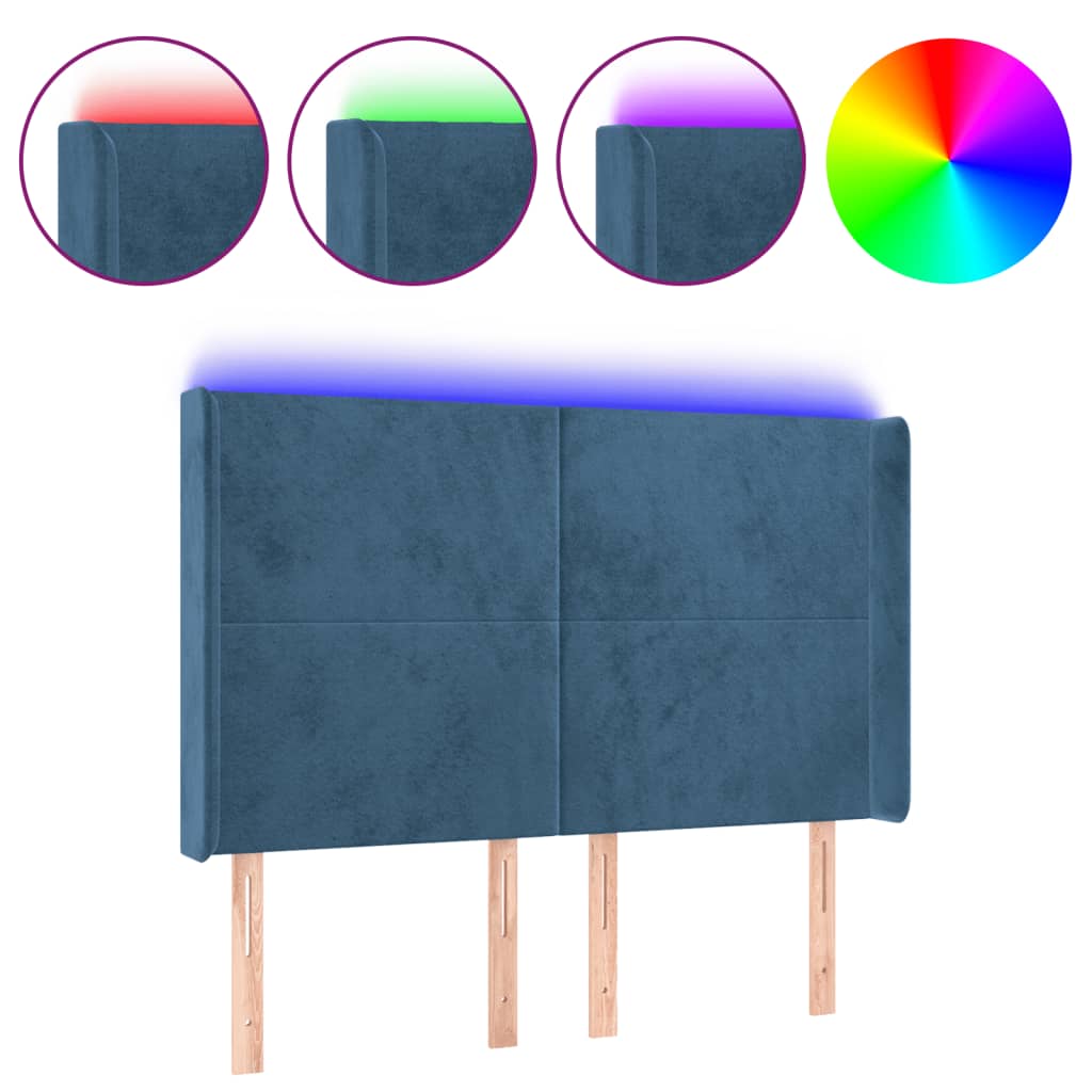 Čelo Postele S Led Tmavě Modré 147 X 16 X 118/128 Cm Samet