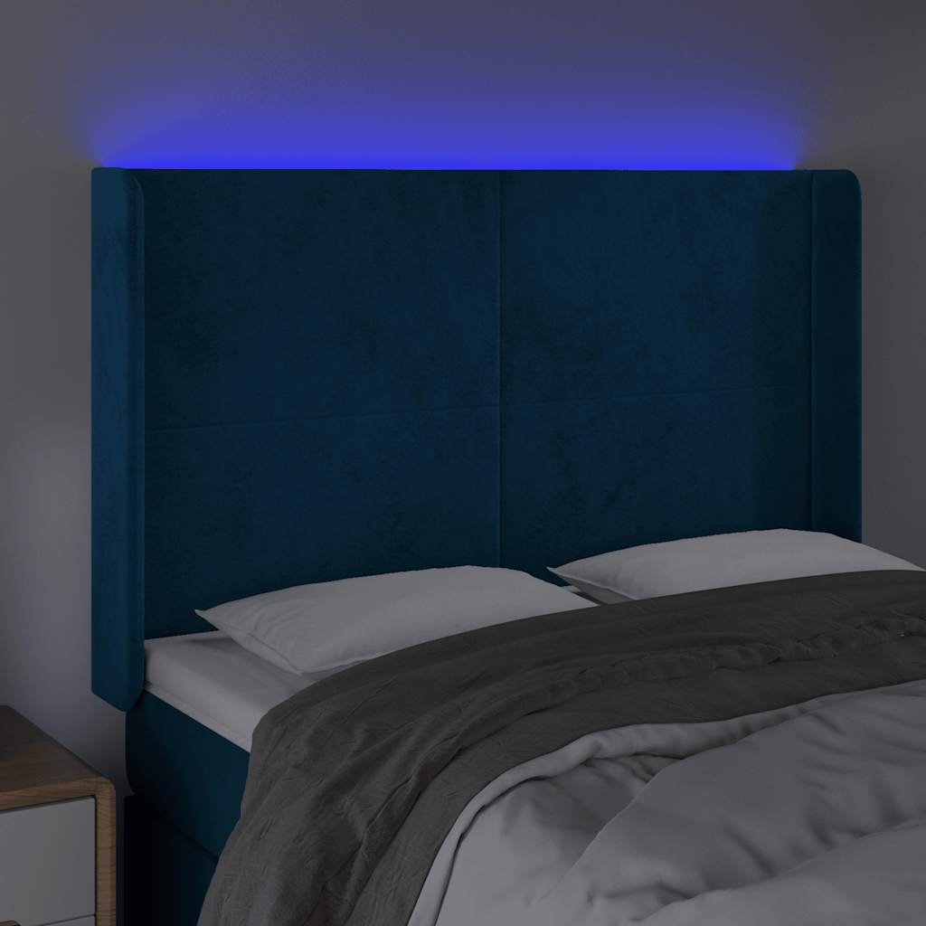 Čelo Postele S Led Tmavě Modré 147 X 16 X 118/128 Cm Samet