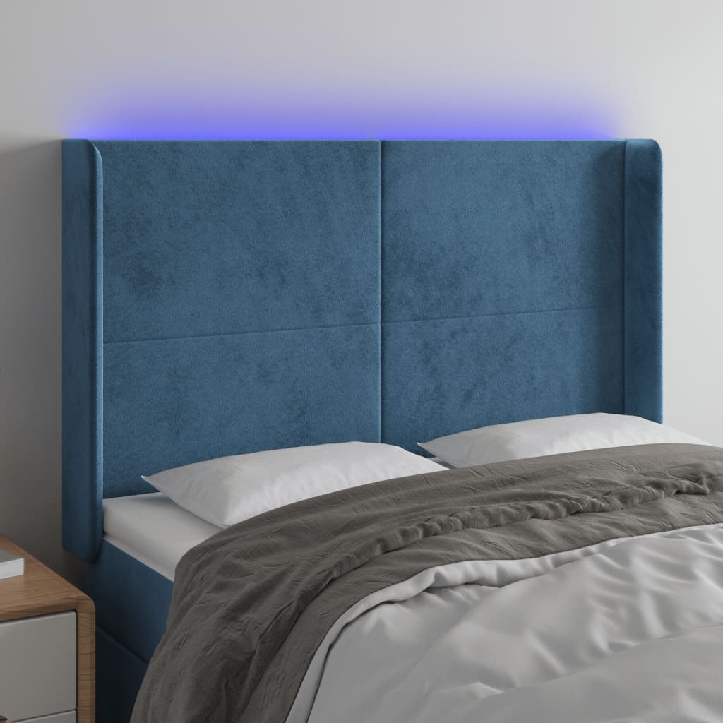 Čelo Postele S Led Tmavě Modré 147 X 16 X 118/128 Cm Samet