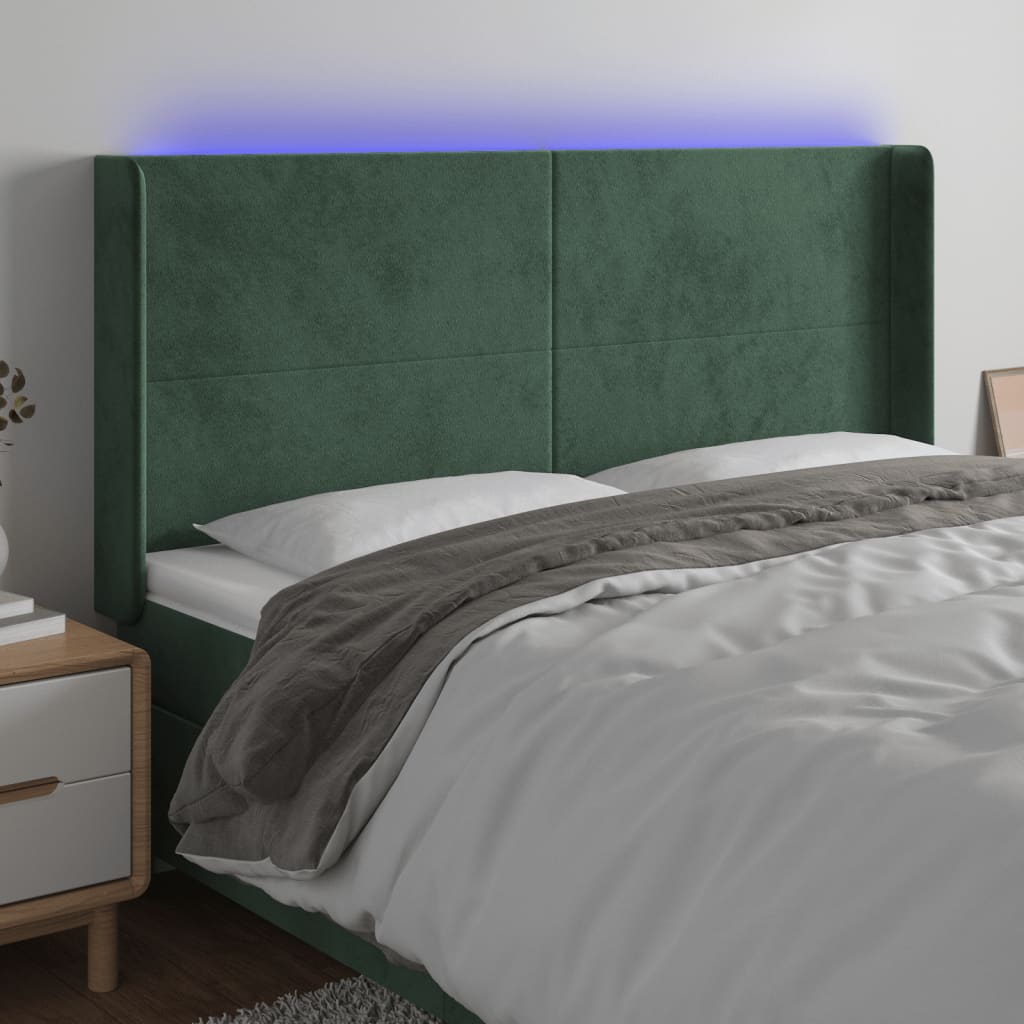 Čelo Postele S Led Tmavě Zelené 163 X 16 X 118/128 Cm Samet