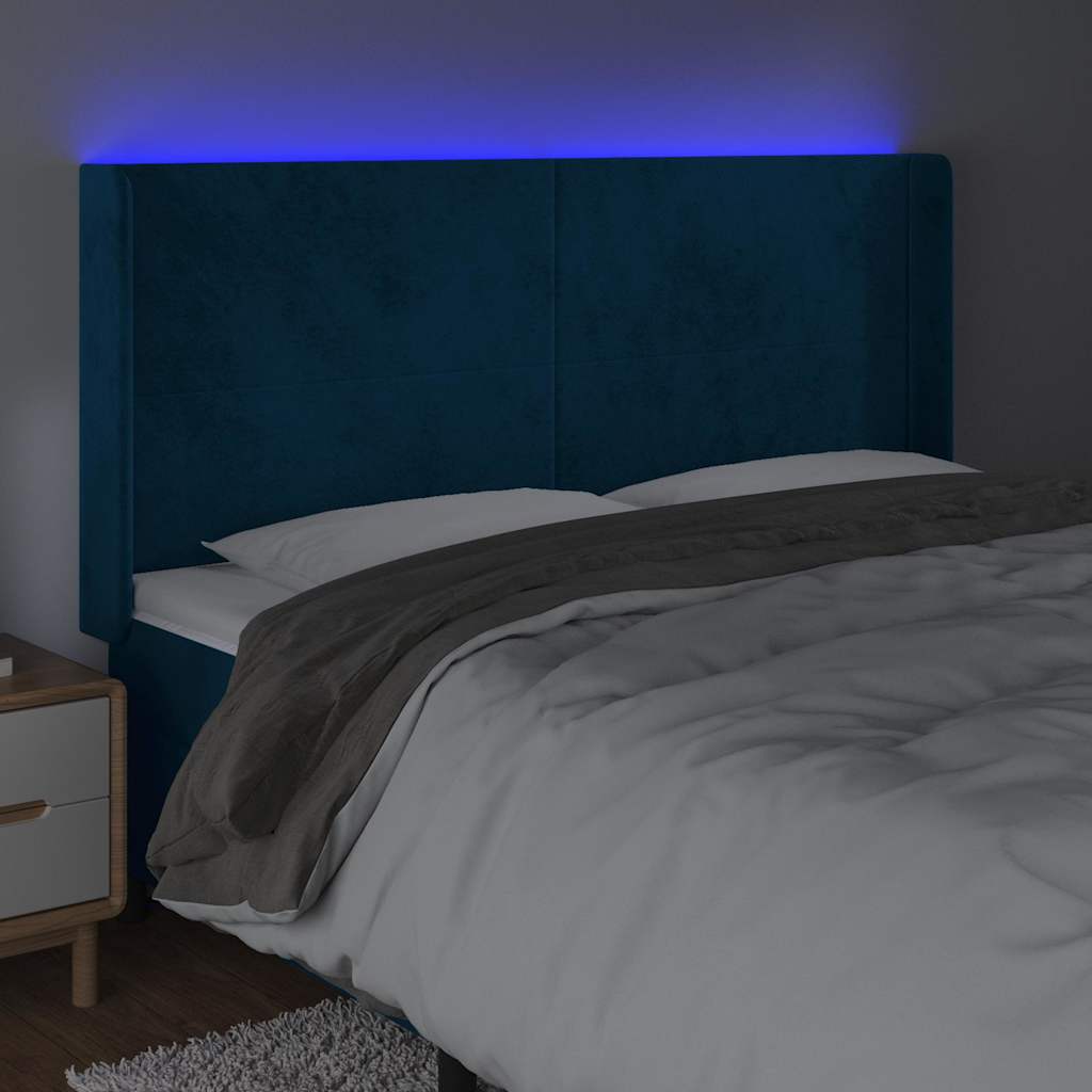 Čelo Postele S Led Tmavě Modré 163 X 16 X 118/128 Cm Samet