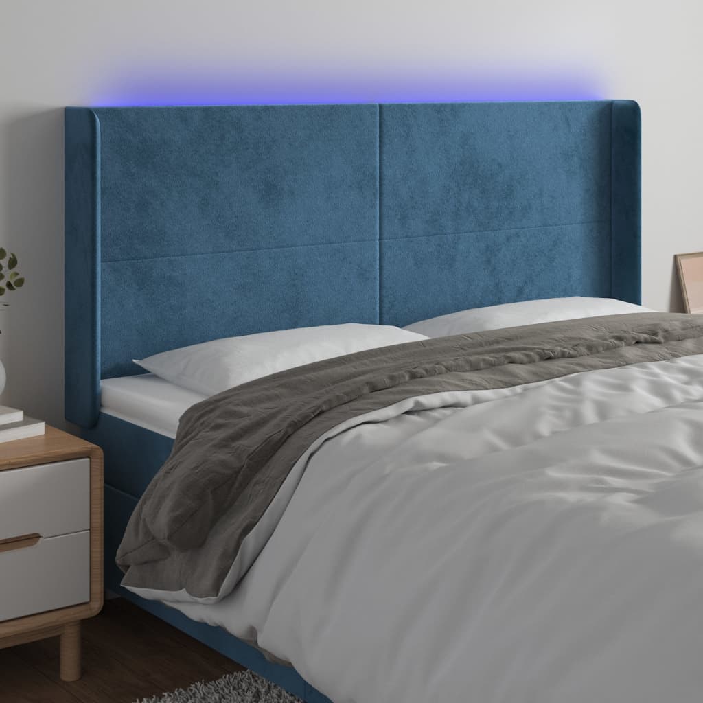 Čelo Postele S Led Tmavě Modré 163 X 16 X 118/128 Cm Samet