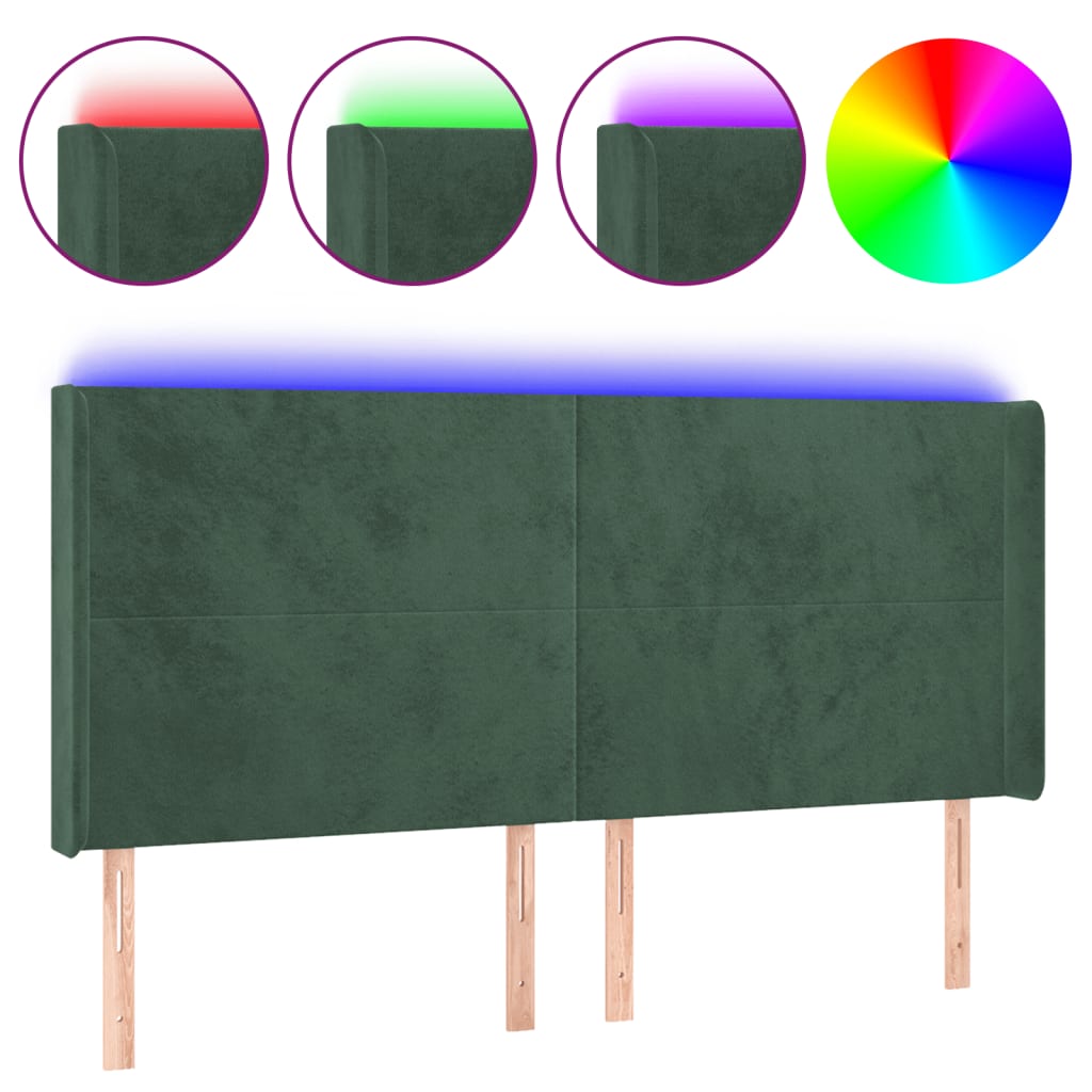 Čelo Postele S Led Tmavě Zelené 183 X 16 X 118/128 Cm Samet