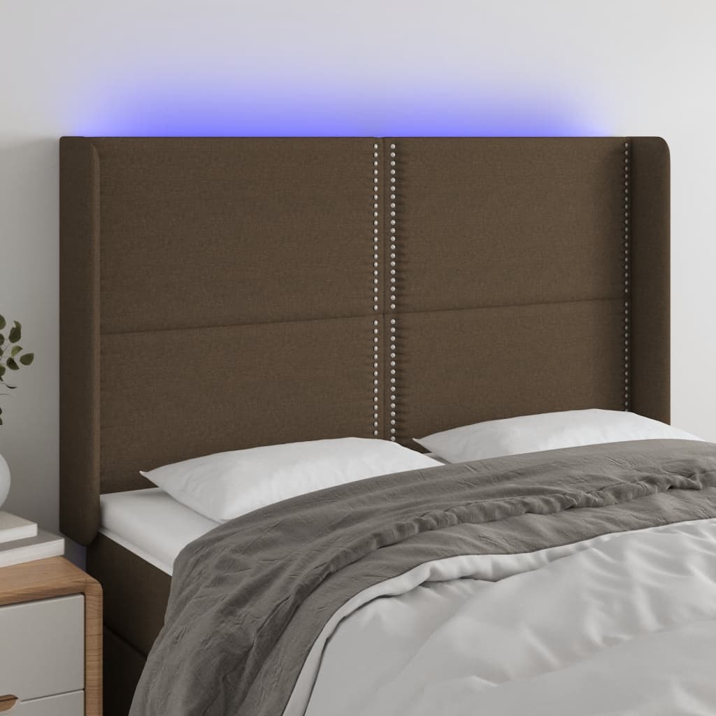 Čelo Postele S Led Tmavě Hnědé 147 X 16 X 118/128 Cm Textil