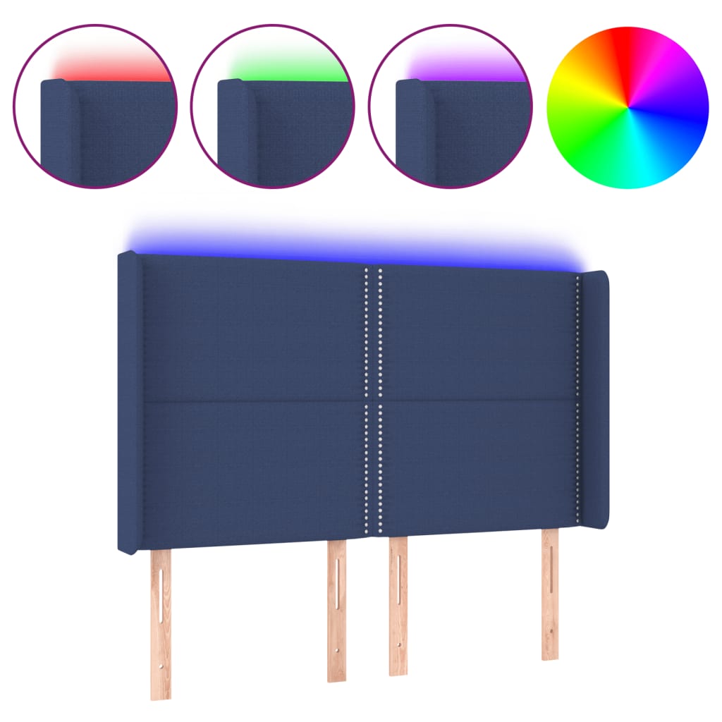 Čelo Postele S Led Modré 147 X 16 X 118/128 Cm Textil