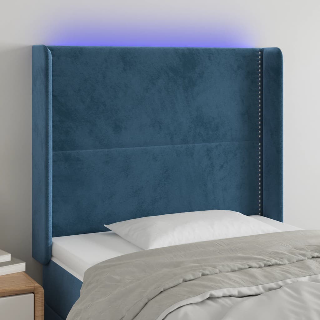 Čelo Postele S Led Tmavě Modré 83 X 16 X 118/128 Cm Samet